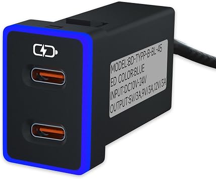 B&DOG XSIN Car Charger for Toyota USB C Dual Port Charger PD 3.0 Type C Fast Charging with LED Light Show,Compatible with Smart Phone,Tablet,and More. Blue 1.3x0.9inch