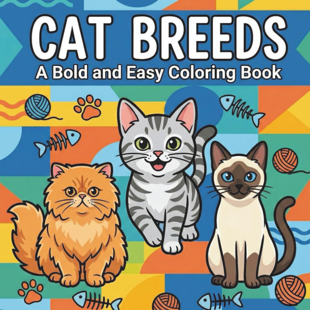 Cat Breeds A Bold and Easy Coloring Book: Simple, Fun, and Relaxing Cat Coloring Pages for Kids, Beginners, and Adults