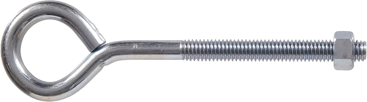 Pernos de ojo con tuercas, 3/8 x 6 pulgadas, paquete de 4, zinc | Construcción de acero, rosca gruesa con tuercas a juego, para colgar artículos o asegurar cables en uso doméstico o marino.