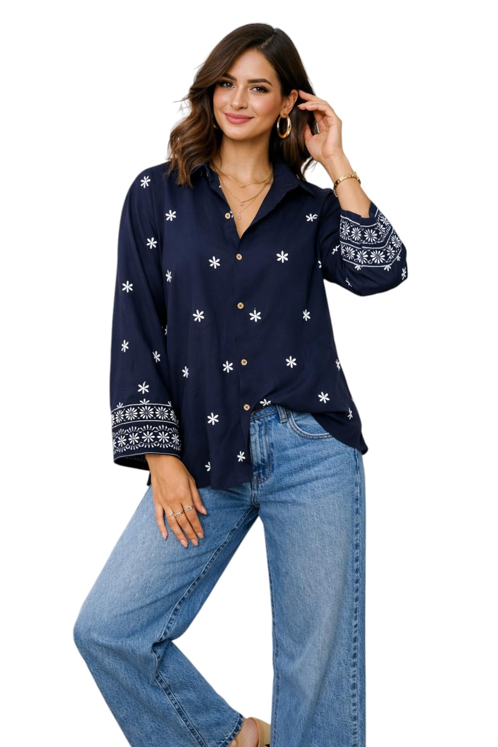 Women Viscose Rayon Embroidered Shirt | Stylish Floral Casual Top | Full Sleeve | Office Wear (Blue4)-image-2