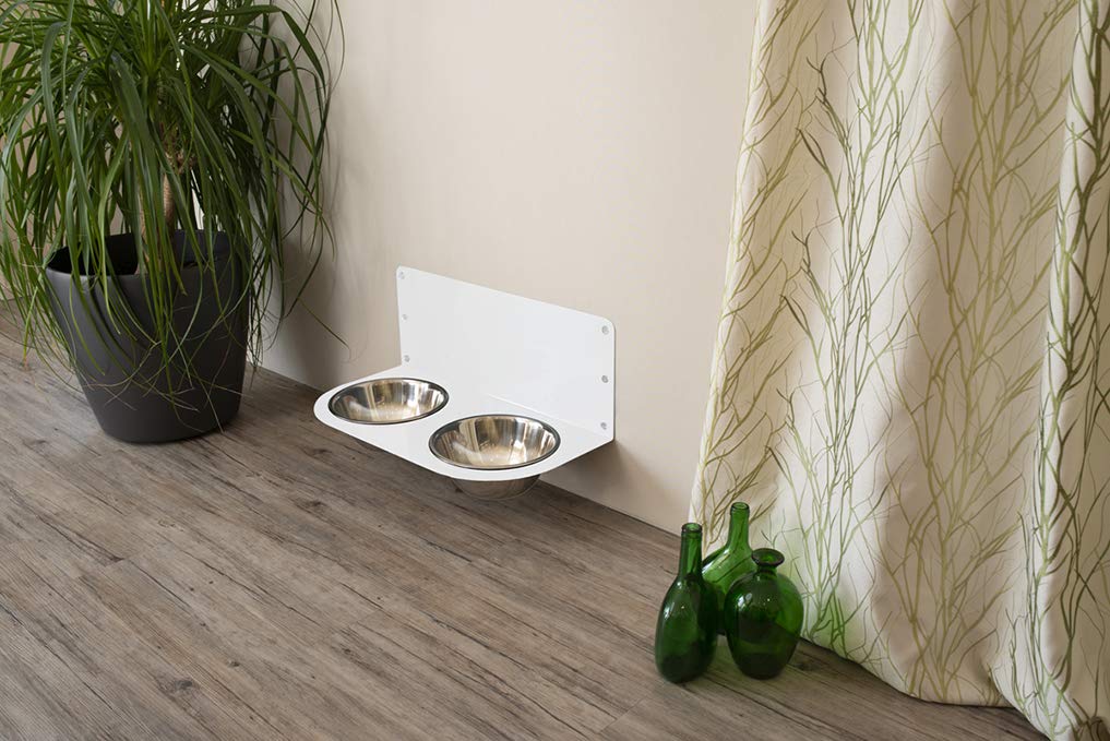 schmeck.bar Futterstation Futterbar erhöhter Futterspender kleine mittlere große schreckhafte Hunde mit Näpfen stabil hochwertig Wand (Weiss MATT, C: 600 x 228 x 306 mm - Napf 2X L)