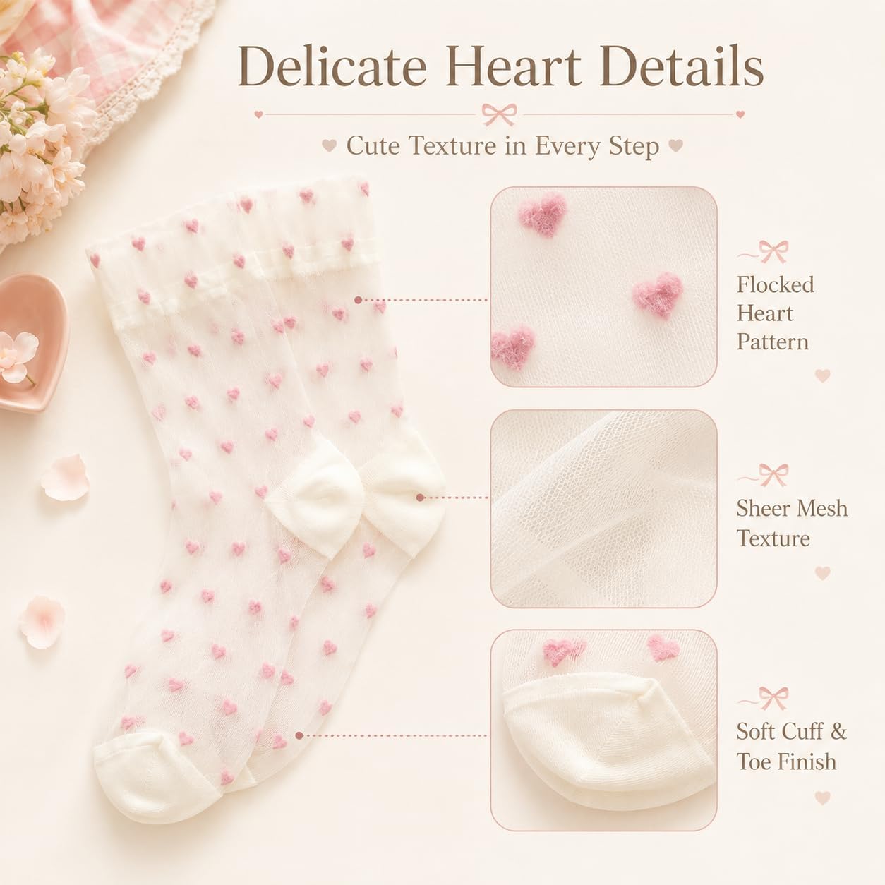 Sheer Ankle Socks for Women Cute Heart Pattern Lace Socks Transparent Mesh Socks Breathable Dress Socks