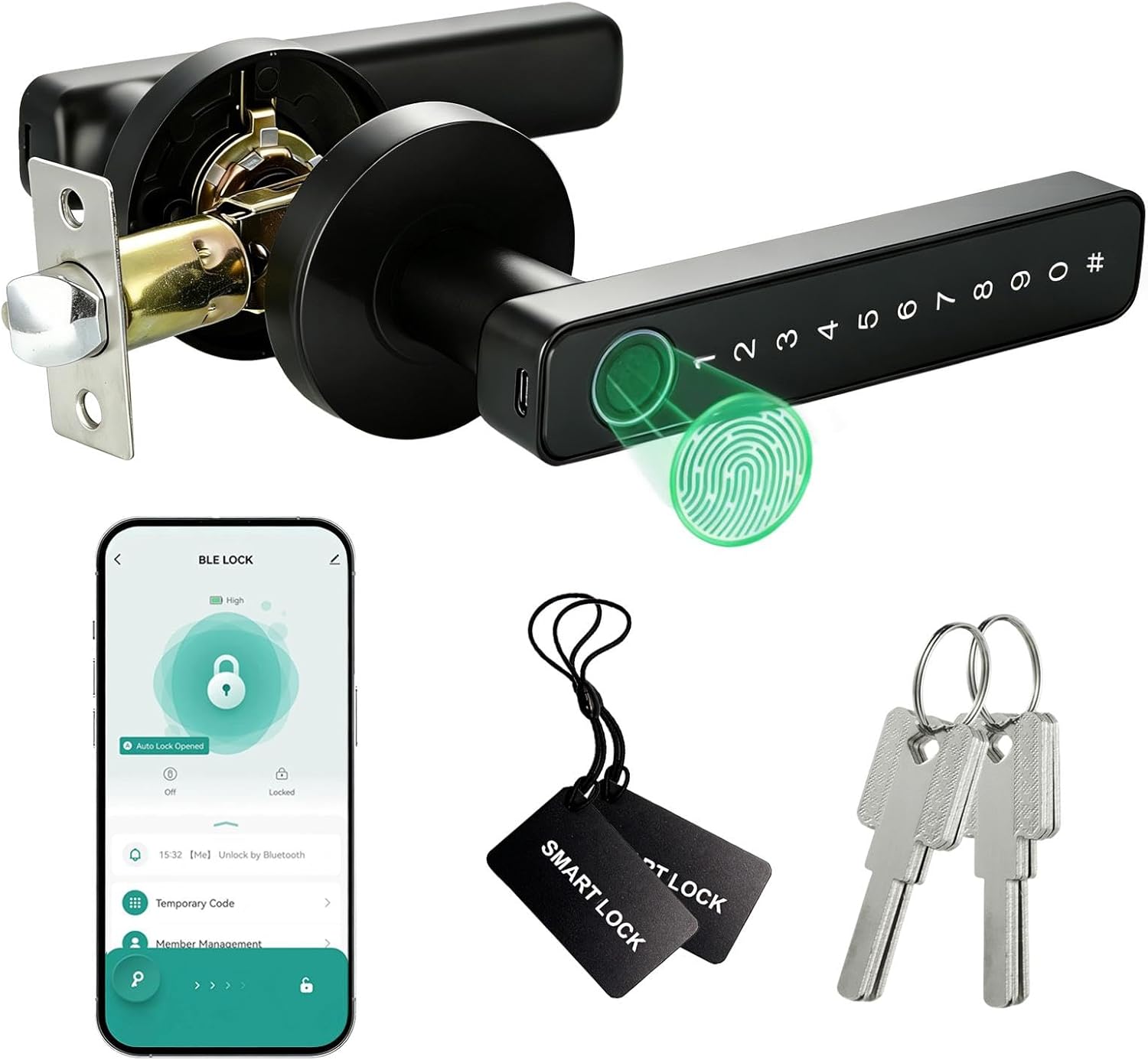 Fingerprint Door Lock with Handle, Smart Door Knob, Keyless Entry (Fingerprint/Code/Card/App/Key), Auto Biometric Door Knob for Bedrooms/Apartment/Home/Office, Left/Right Doors