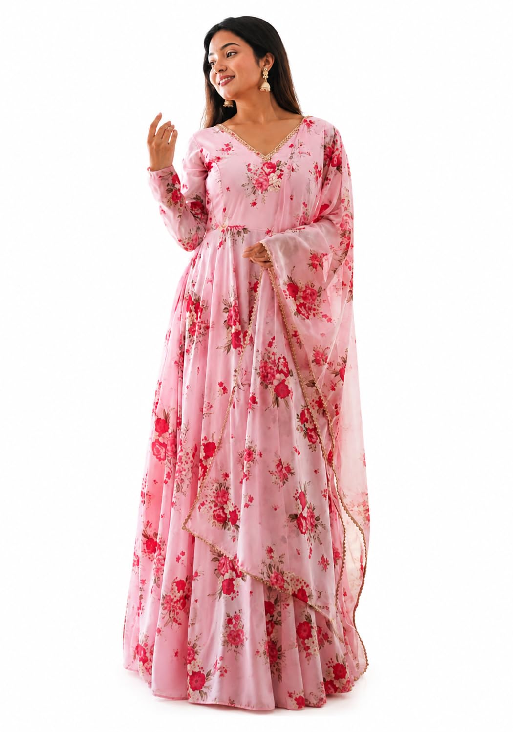 Women's Premium Floral Anarkali Dress with Dupatta | Elegant Ethnic Maxi Dress for Women | V-Neck Long Sleeve Designer Dress | Wedding, Festive, Traditional & Celebration Outfit-image-8
