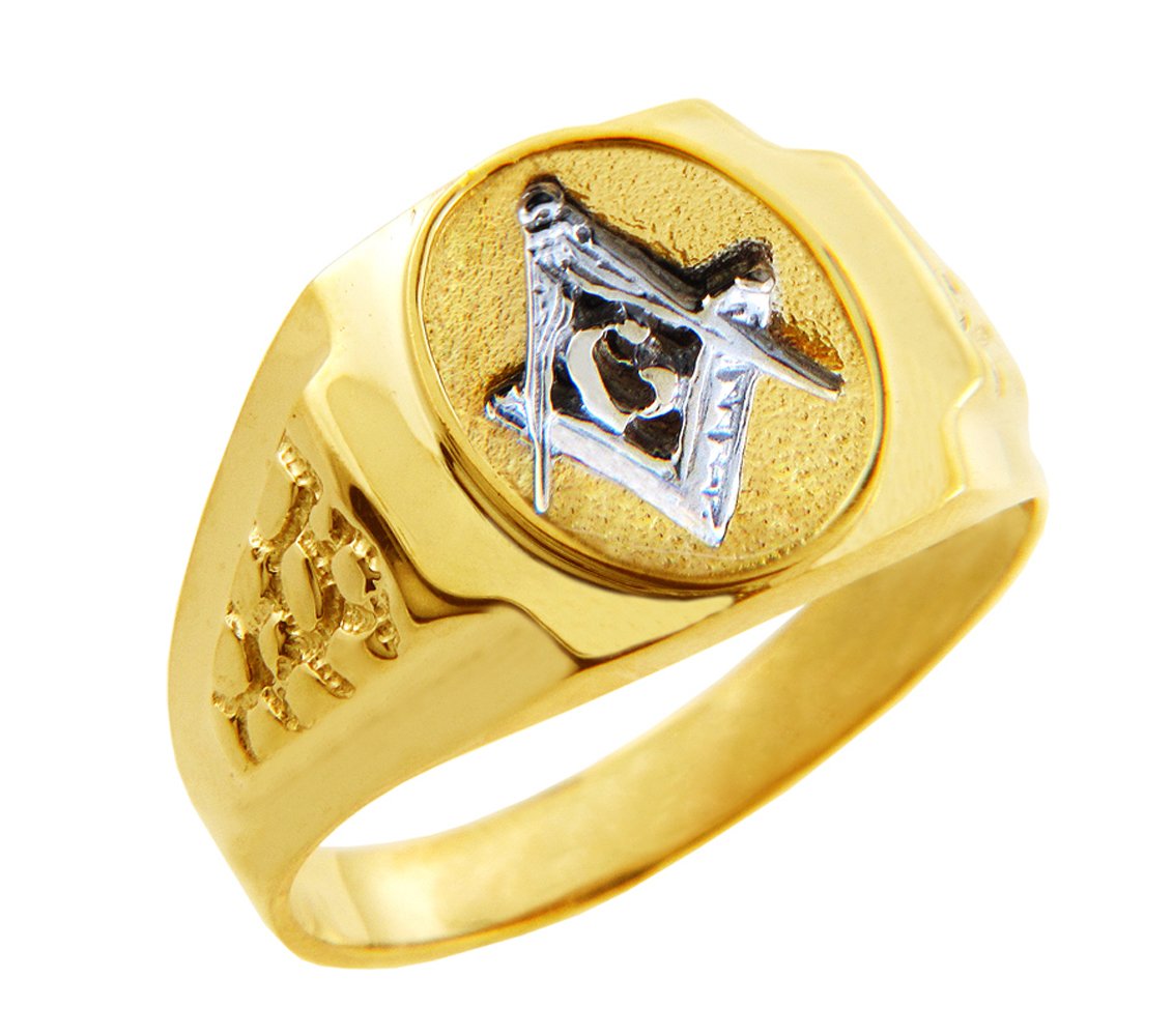 Men's 10k Two-Tone Gold Freemason Ring - Square And Compass Nugget Band With Letter G, Size 4 - View #7