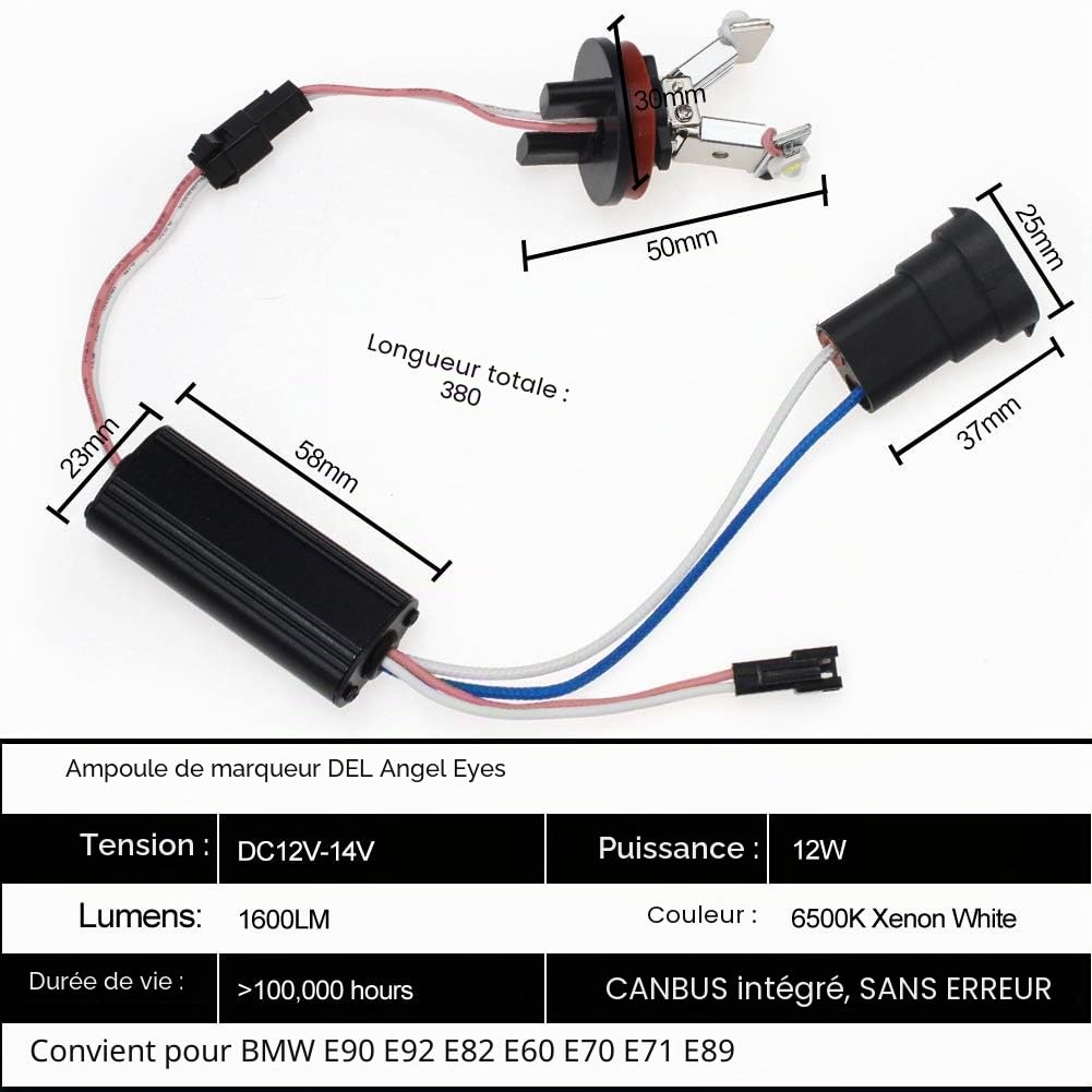 Biqing H8 LED Angel Eyes,12W Phare Angel Eyes LED Feu de Position Ampoules Phares Avant avec CANBUS pour E82 E87 E90 E91 E92 M3 E93 E60 E61 E63 E70 X5 E71 X6 E89 Z4