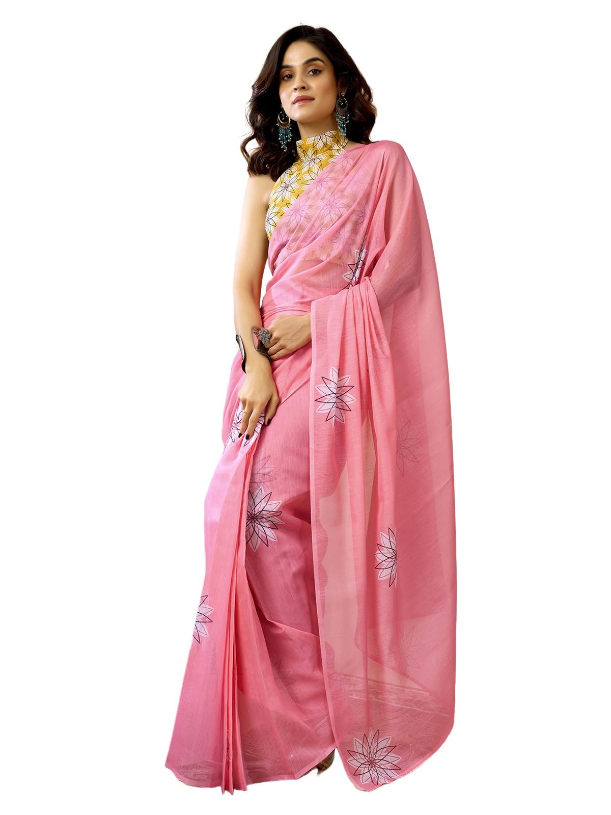 Satrani Women's Chanderi Cotton Printed Ready To Wear Saree With Unstitched Blouse Piece (42Rs380_Pink)