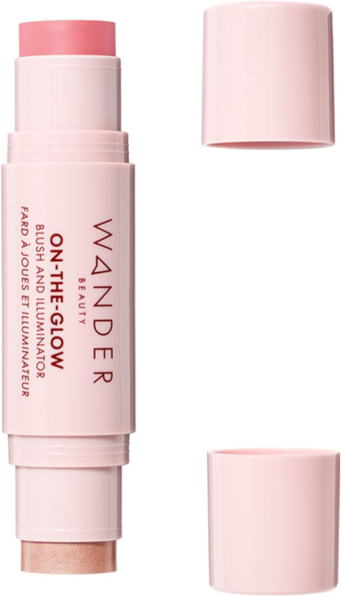 "Rubor e iluminador On-the-Glow Wander Beauty - Rosa pétalo/Brillo nude - Rubor en crema hidratante 7 en 1 y barra iluminadora - Rubor en barra para mejillas, labios, rostro y cuerpo - Maquillaje resaltador y rubor"