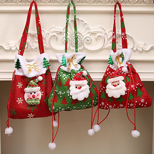 Moira Christmas Gift Bags Set, Festive Santa Snowman Reindeer Design, Red Green Beige Plush Drawstring Bags, 23 x 20 cm, Pack of 3, Holiday Party Decorations and Gift Packaging 4