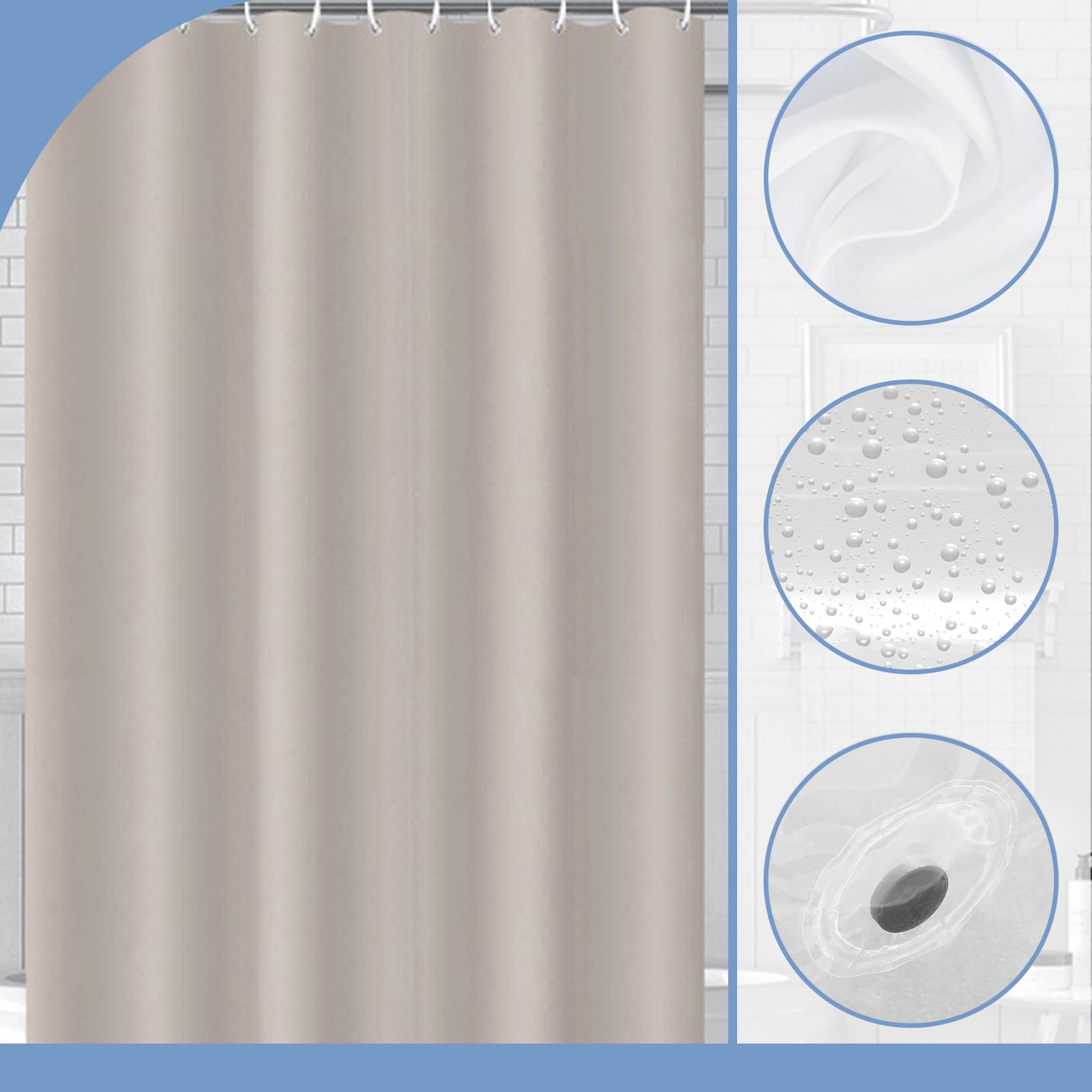 COSORO PEVA Shower Curtain 180x180cm,Heavy Duty Plastic Beige Weighted Shower Curtains Mould Proof Resistant Waterproof Bath Curtains with 12 Hooks for Wet Room,Bathroom,Shower Stall,Bath Tub - Image 2