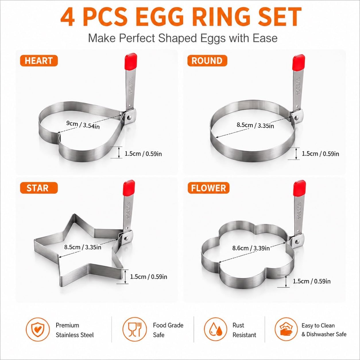 4 Pack Egg Rings for Frying Eggs, Stainless Steel Pancake Mold