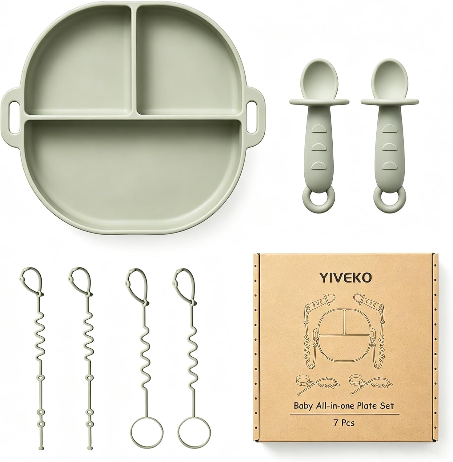 Baby Plates with Suction Silicone Baby Spoons Divided Baby Plates Silicone Baby Safety Toy Straps Baby Bottle Bungees Baby Feeding Set All-in-one-Sage