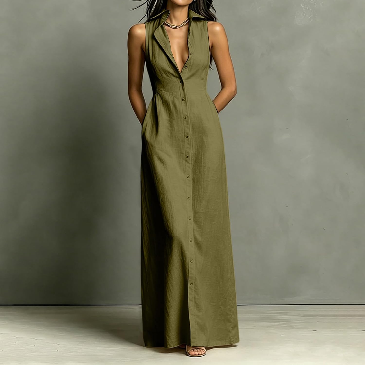 Sundresses for Women Casual Summer 2026 | with Pockets,Button Down Sleeveless Maxi Long Dress,Beach Vacation Resort Wear,Cover Ups
