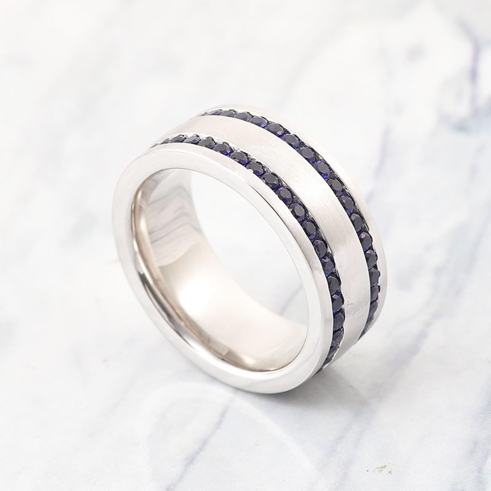 Alianzas decorativas para boda, anillo ancho, mate, cristal cepillado con zafiro redondo sintético