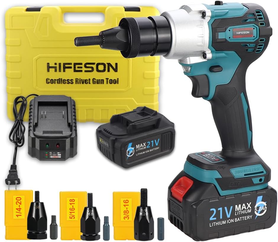 HIFESON Cordless Rivet Gun Tool, 21V Electric Automatic Rivet & Rivet nut Two Functions Professional Kit with 2pcs Battery & Charger (3/16", 5/32", 1/8" for Rivet),(1/4",5/16",3/8" for Rivet nut)