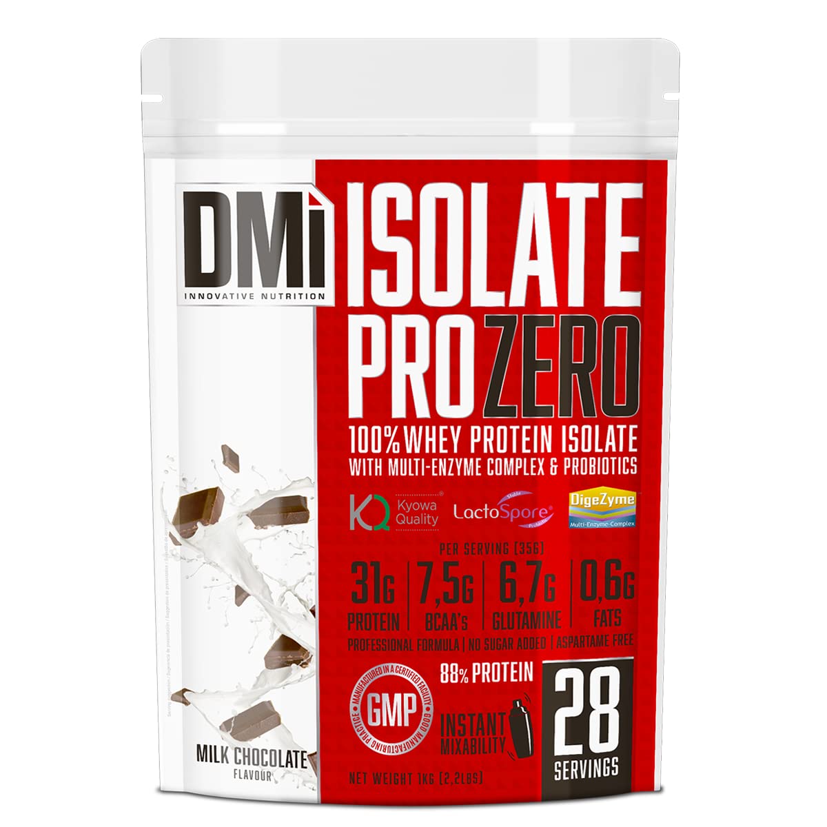 DMI Proteína ISOLATE PRO ZERO-Proteína para Recuperación y Desarrollo Muscular - 100% Aislado de proteína de suero con DigeZyme® y LactoSpore - Sin Azúcares Añadidos (1 Kg, Chocolate)
