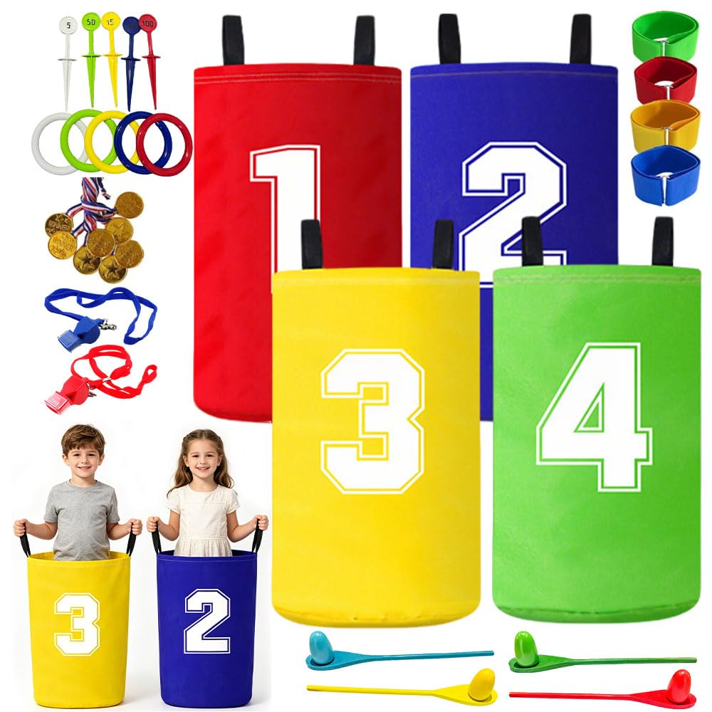 Jonuin Sports Day Kit, 36 Pcs Outdoor Carnival Games, Includes Sack Race, Egg and Spoon, Ring Toss Game, 3 Legged Race, Medals and Whistles, Suitable for Field Day, Family Day, Party, Yard, Garden