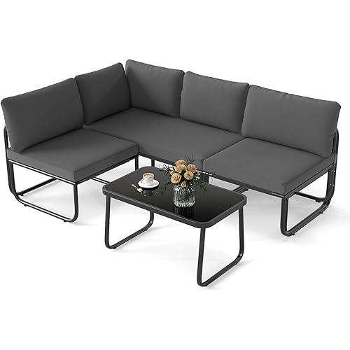 Tangkula 4 Pieces L Shaped Patio Furniture Set, Outdoor Metal Sectional Sofa Couch with Cushions and Tempered Glass Coffee Table, Outside Conversation Set for Garden, Deck and Yard (Gray,2)