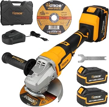 Hoteche 20V Cordless Brushless Angle Grinder 115mm, 6-Speed 2500-10000rpm, 24000mAh Batteries Fast Charge with LED Light & Complete Accessories
