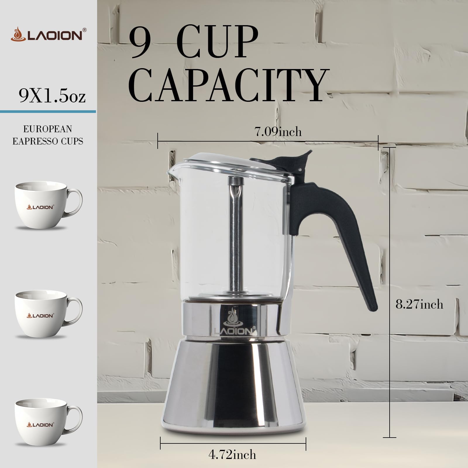 LAOION Cafetera espresso para estufa, cafetera moca de 9 tazas de 360 ml, tapa de cristal y acero inoxidable, cafetera moca, cafetera cubana e italiana para cafetería Cubana