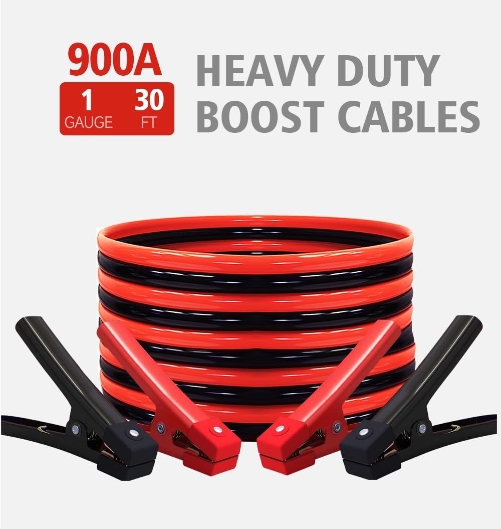 Heavy Duty Jumper Cables, Booster Cables 1 Gauge 30 Feet 900AMP Automotive Jumper Cables Kit for Car, SUV, and Trucks with Professional Clamps, Carrying Bag,Lights and Safety Gloves