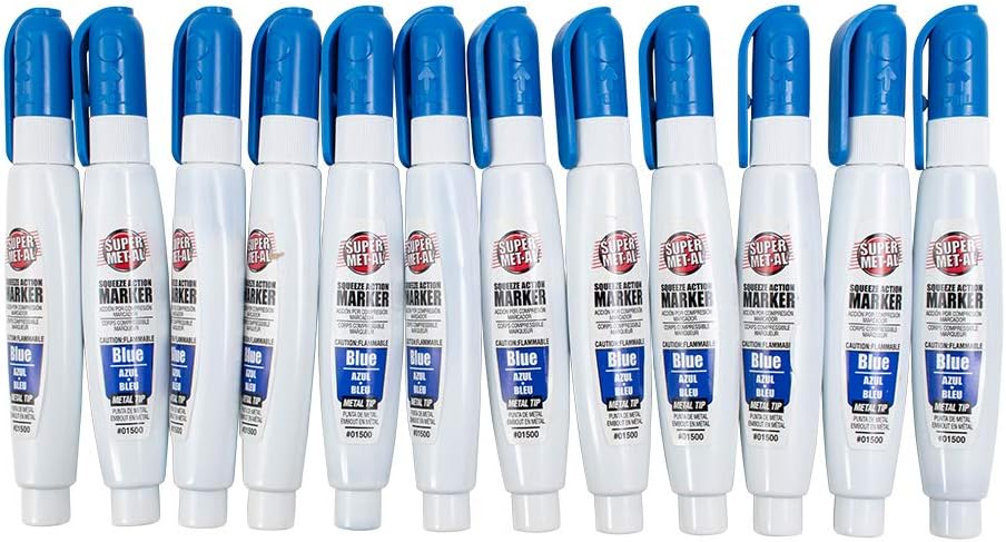 Brock 12 Pc Set Blue Super Met-Al Fine Tip Paint Marker Pens 1.4mm Stroke Fine Tip Metal Stone Rubber Glass Plastic for Industrial Auto Arts Trade