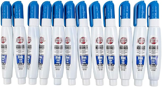 12 Pc Set Blue Super Met-Al Fine Tip Paint Marker Pens 1.4mm Stroke Fine Tip Metal Stone Rubber Glass Plastic for Industrial Auto Arts Trade