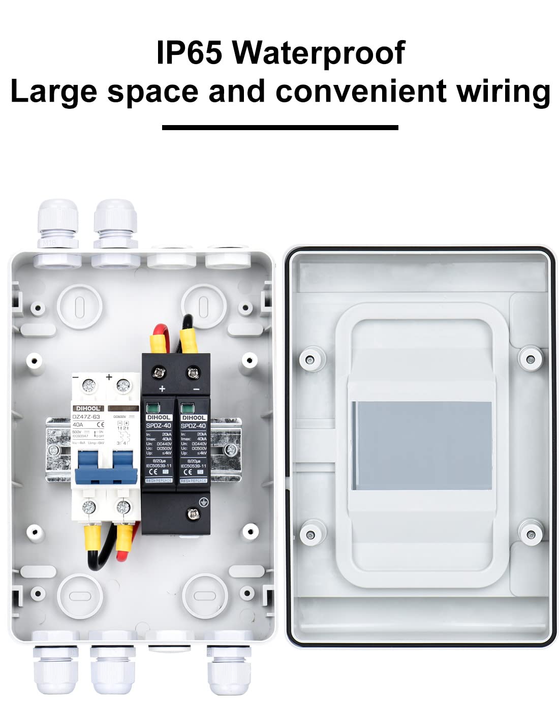 Protección contra sobretensiones PV DC, interruptor de separación de rayos, 500 VCC, 2 pines, 40 A, 20-40 KA, protección solar de tensión para fotovoltaica IP65, resistente al agua