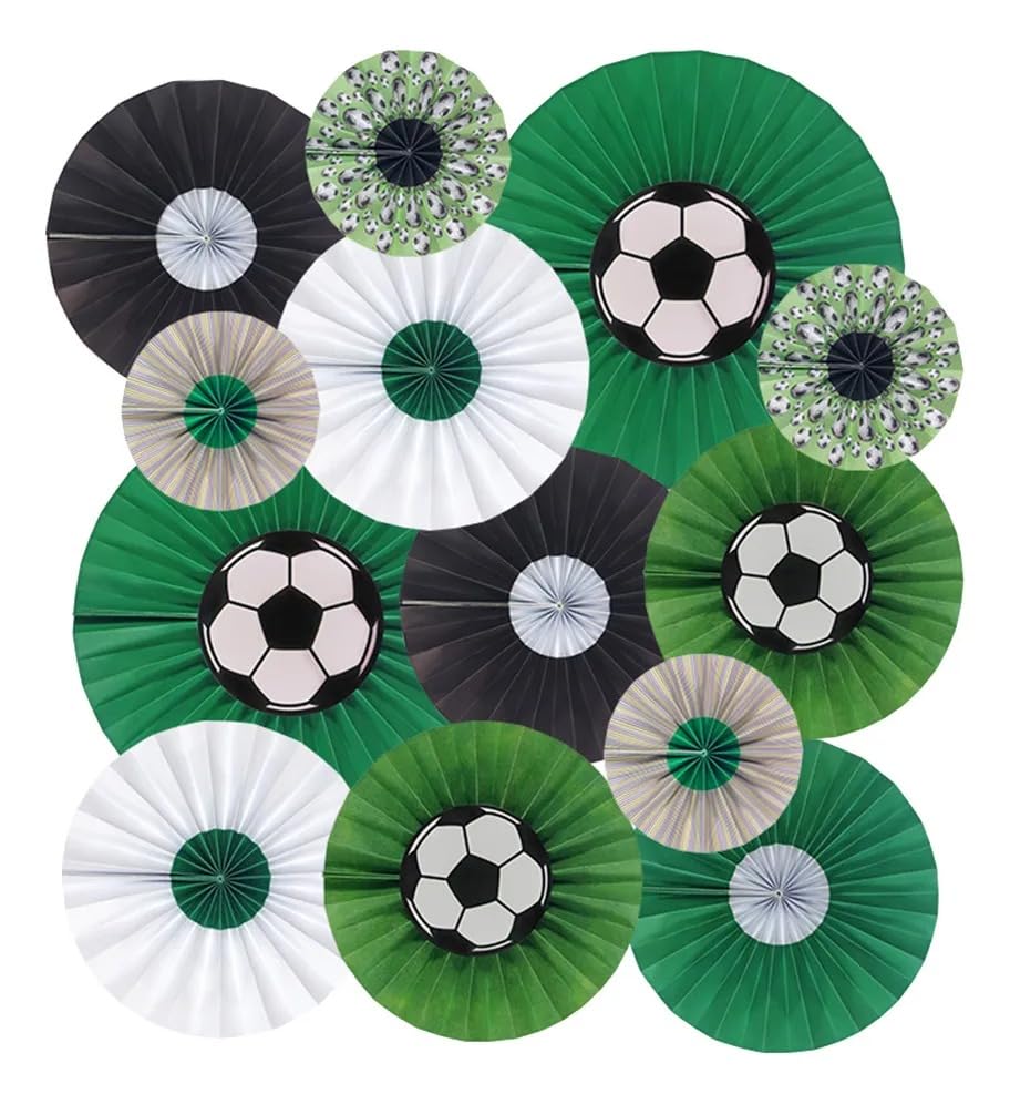 Image of Atpata Funky 12pcs Football Theme Party Decorations - Soccer Ball Paper Fans for Birthday, Sports Party, Match Day, Boys Room Decor - Hanging Paper Rosettes in Green, Black & White Colors