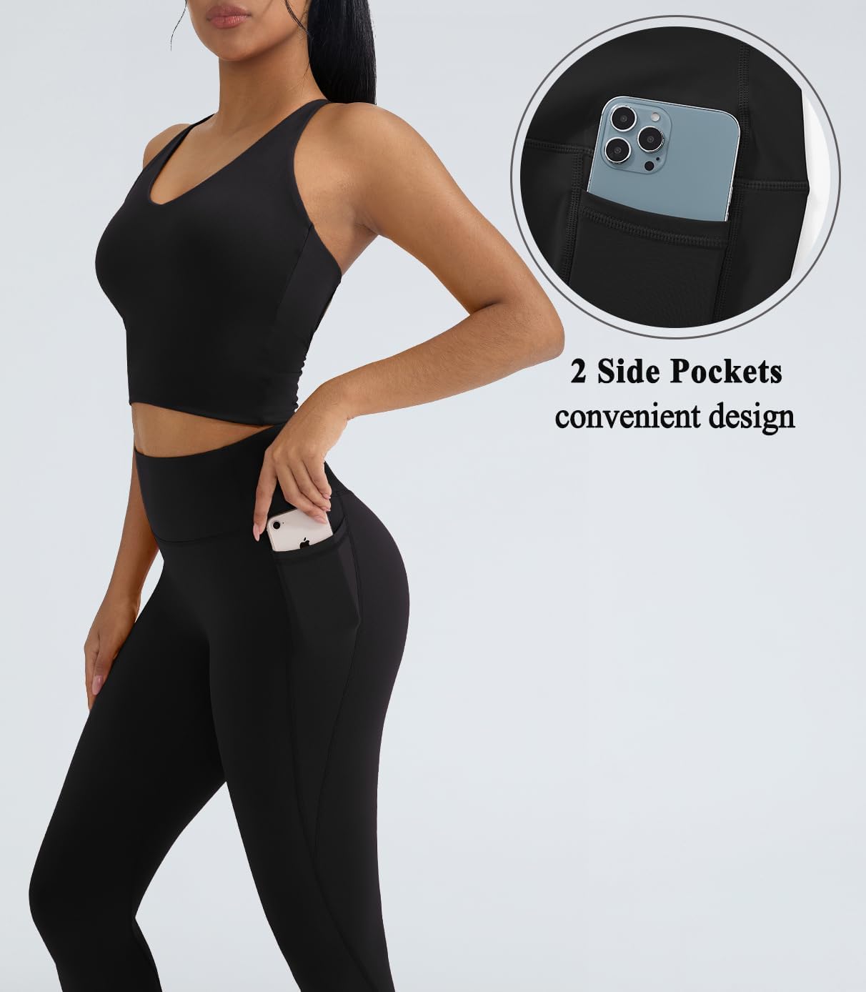 OMKAGI 2 Piece Workout Sets for Women Padded Workout Tops Booty Leggings with Pockets Gym Sets - Image 3