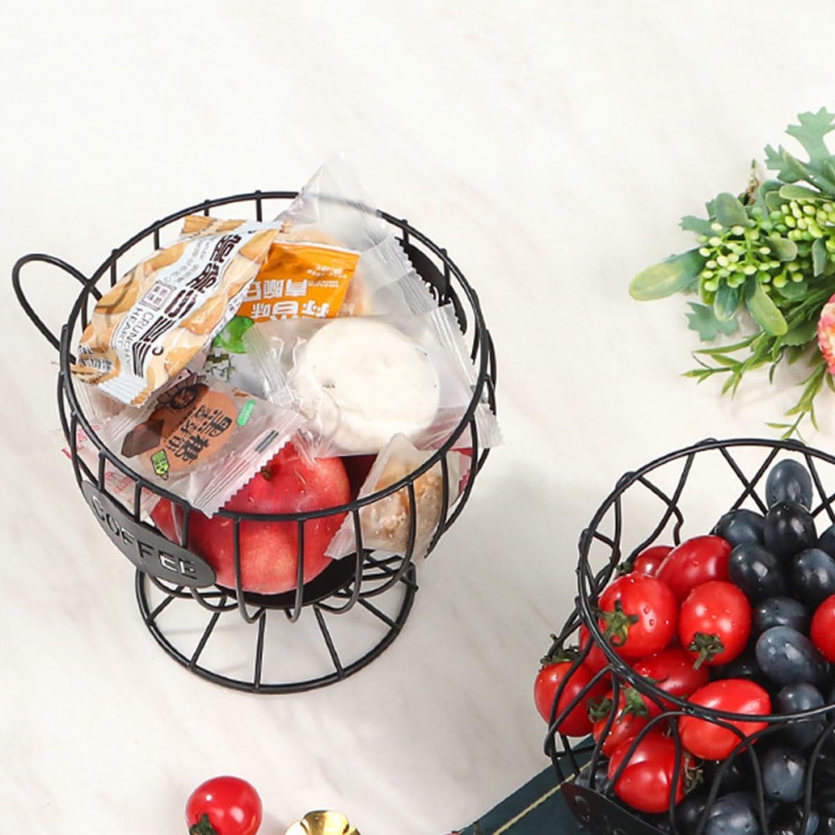 FUOYLOO Large Capacity Coffee Capsule Storage Basket with Coffee Letter Design Wire Fruit and Snack Holder for Kitchen Cafe Office Countertop Organizer Black
