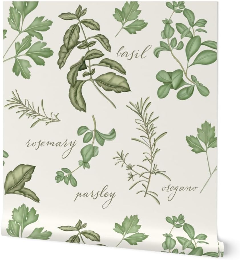Peel & Stick Wallpaper Swatch - Victorian Herbs Garden Illustration Botanical Leaves Cottagecore Custom Removable Wallpaper by Spoonflower