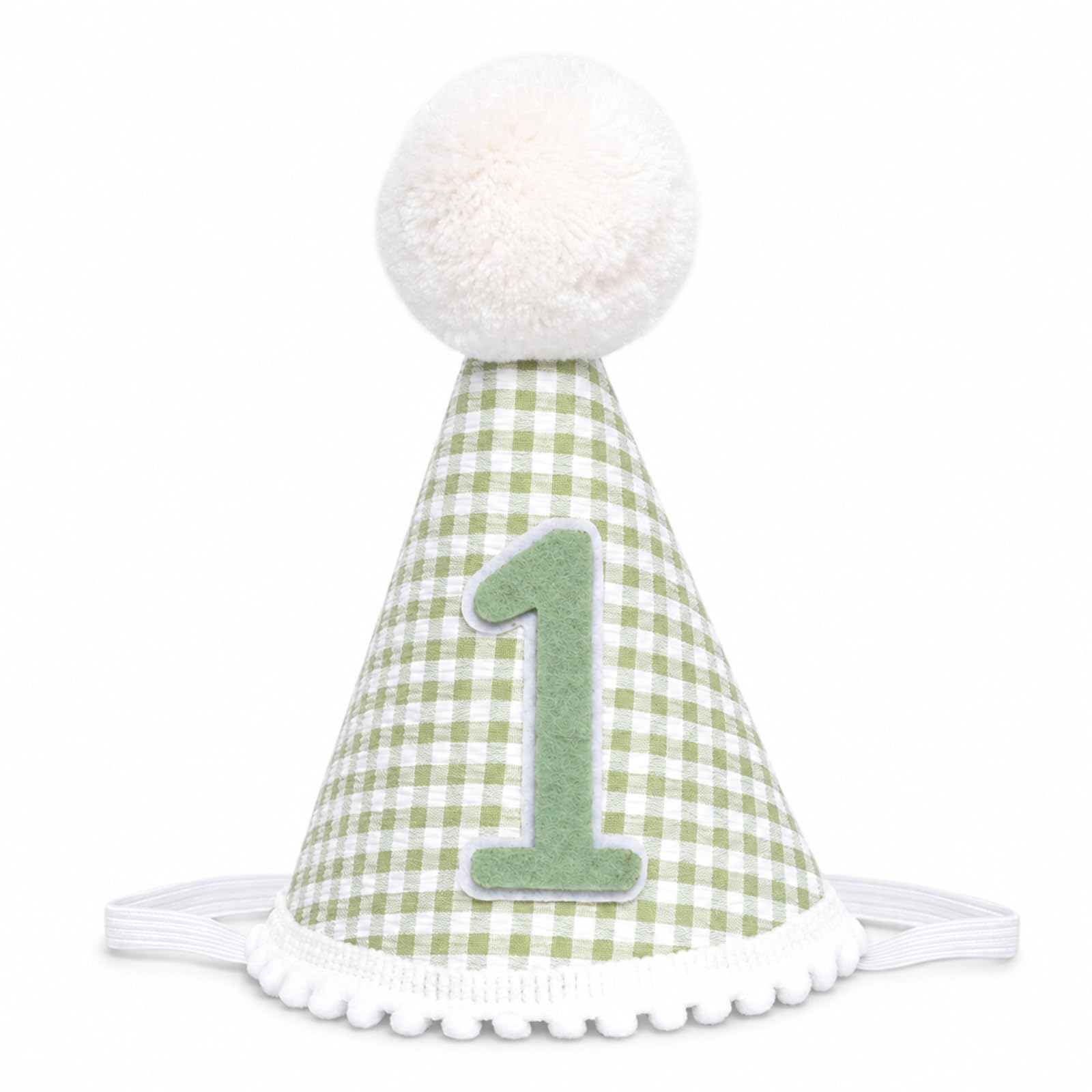 Cunegra 1st Birthday Hat for Baby Boy Girl, Green Gingham First Birthday Cap with Number 1 & Pom Poms, Soft Felt Baby Boy Party Hat, First Birthday Decorations for Boys Girls