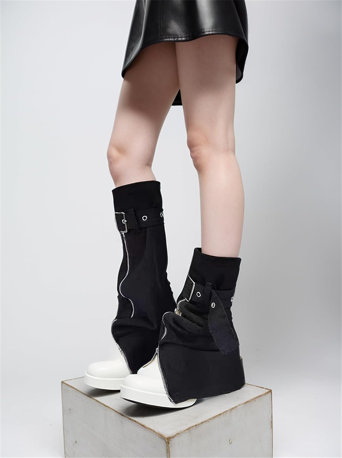 Grunge Flared Leg Warmers Y2k Women Punk Denim Buckle Strap Baggy Flare Jean Goth Rave Gothic