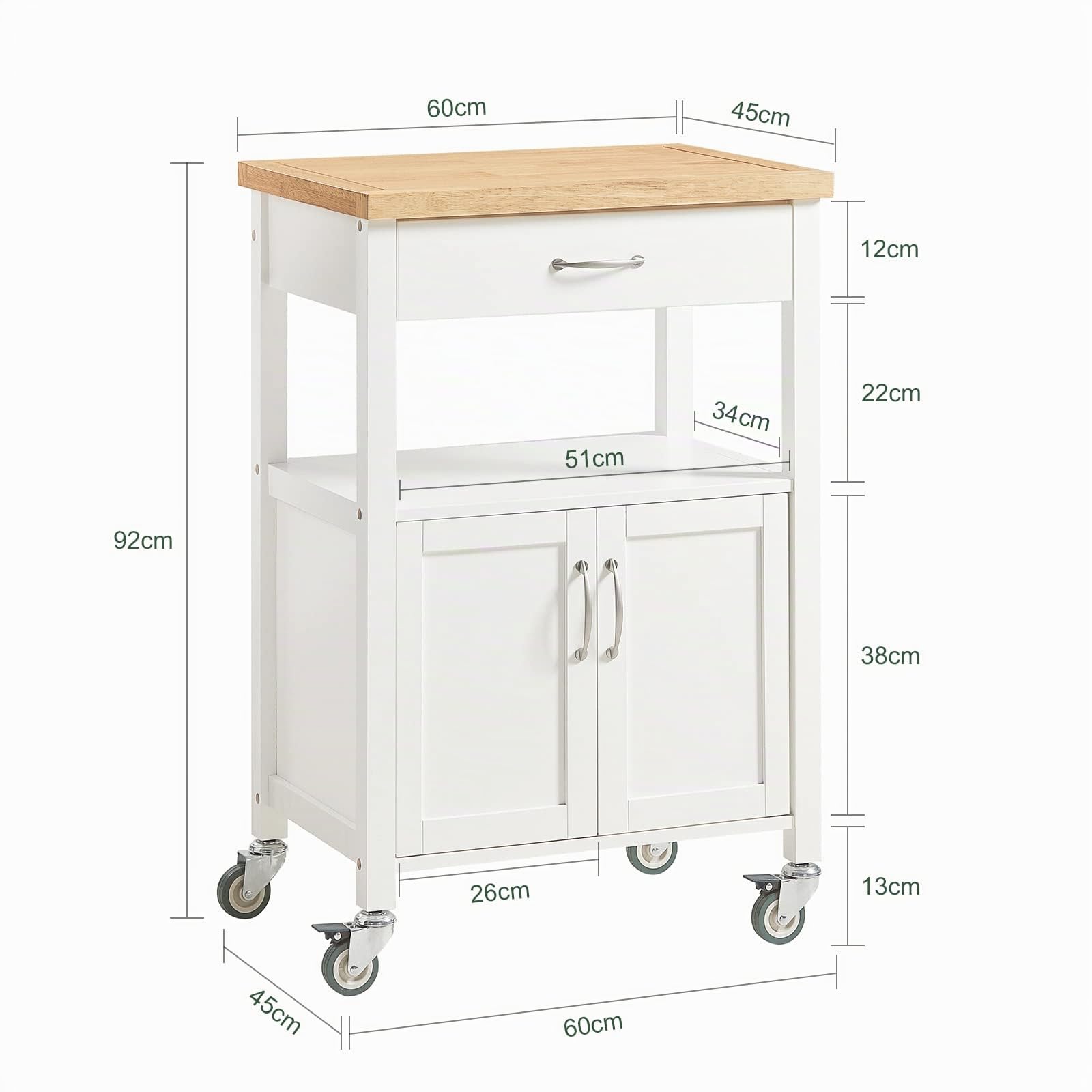 SoBuy Carrito Cocina con Ruedas, encimera de Caucho & 4 Ruedas, 60x92x44cm | Mueble Auxiliar con cajón, estante abierto & armario de 2 puertas, compacto, MDF, cocina & exterior & dormitorio, FKW22-WN