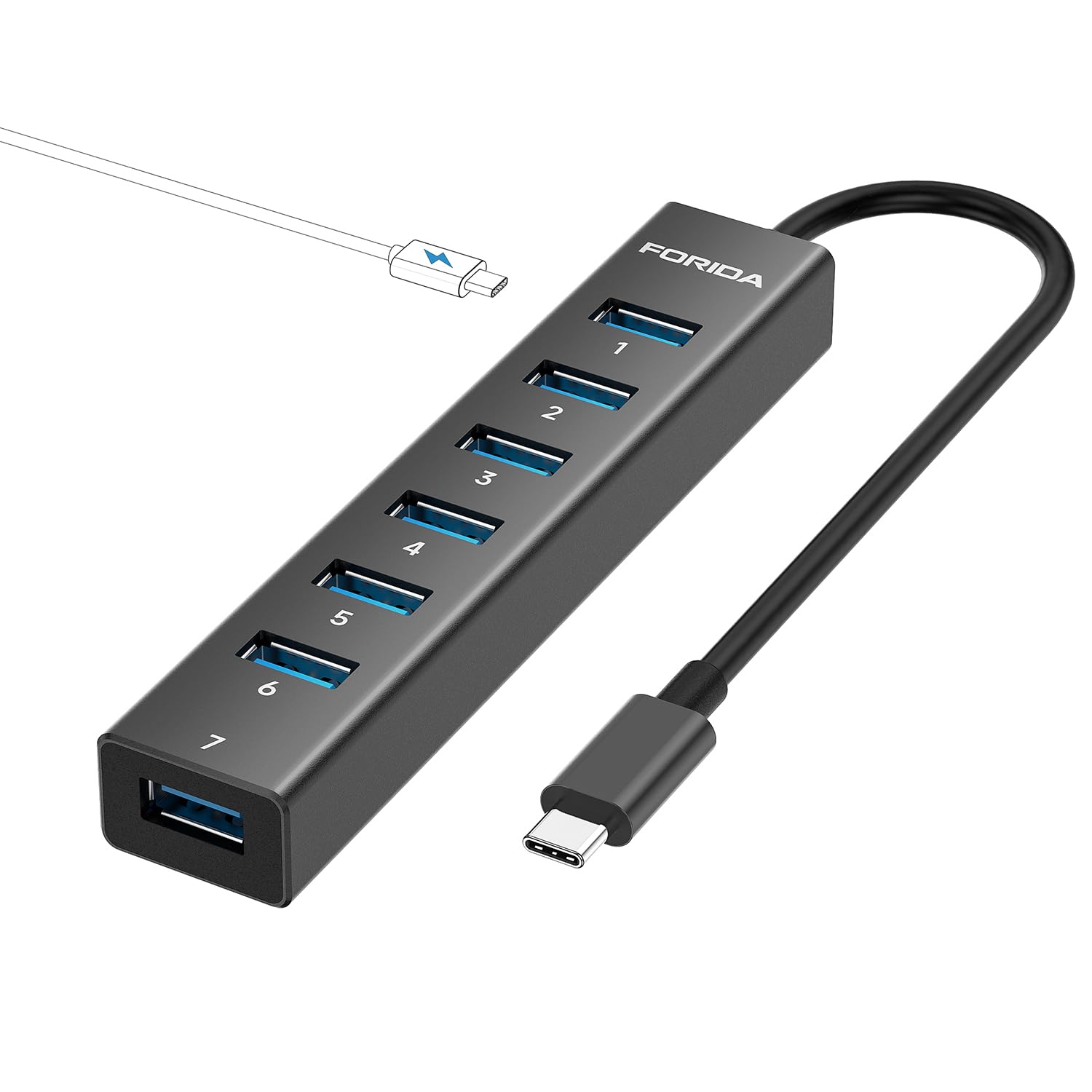 FORIDA USB C Hub-8 Port USB HUB with 7 USB3.0 Data Ports,Aluminum Alloy USBC Splitter with Type C 5V/3A Power Port Compatible with MacBook, iPad,