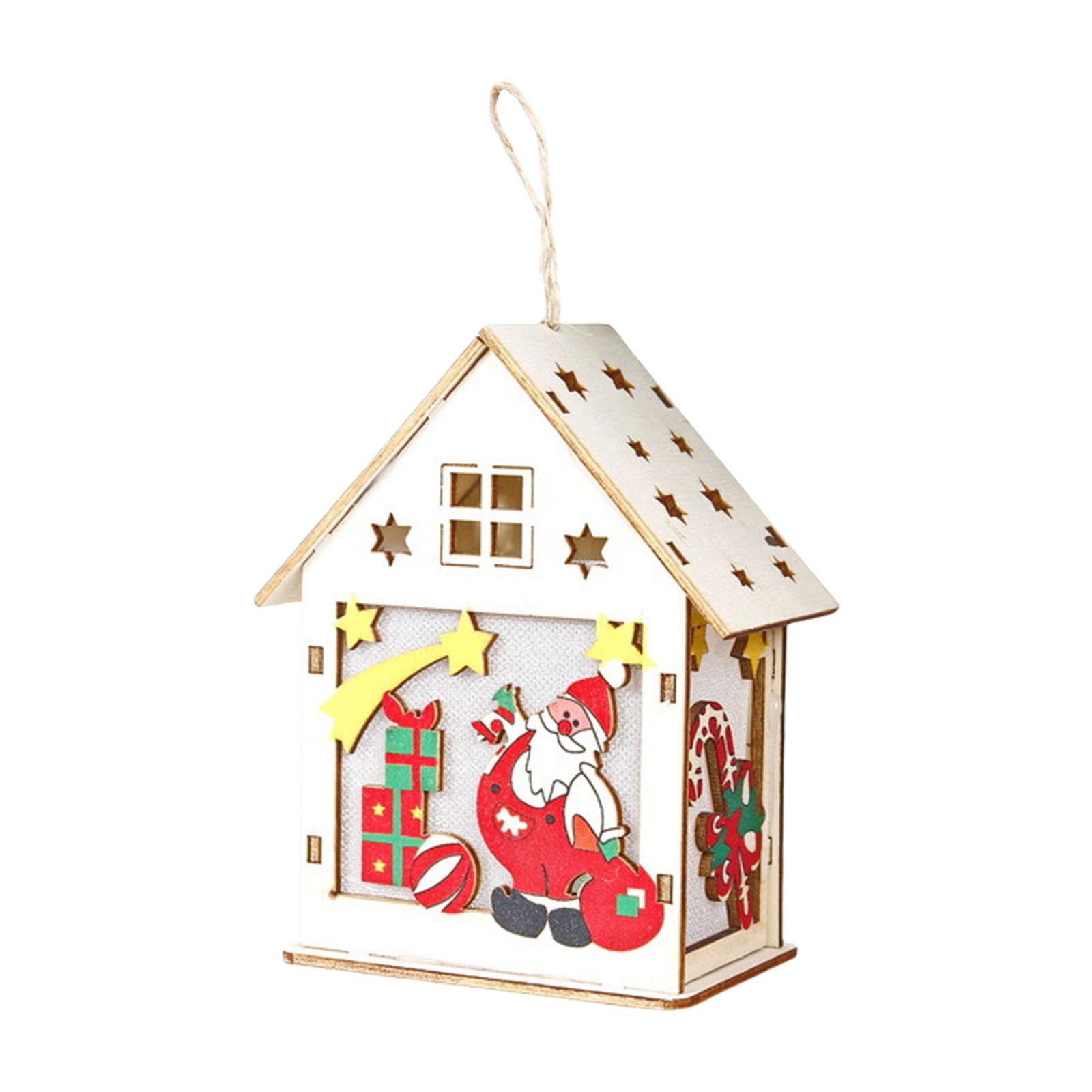 Glowing Wooden Christmas Cottage Ornament Christmas Tree Decoration for Holiday Tree Home Party Decorations Colorful Wooden Cabin Hanging Decoration