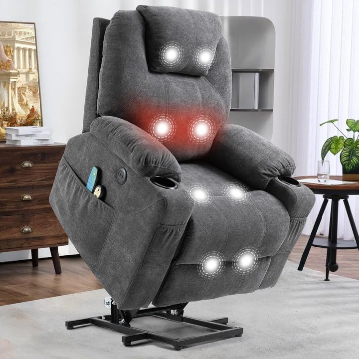 MEETWARM Power Lift Chair Electric Recliner for Elderly Heated Vibration Massage Soft Fabric Recliner Chair with 2 Remote Controls, USB Ports, Cup