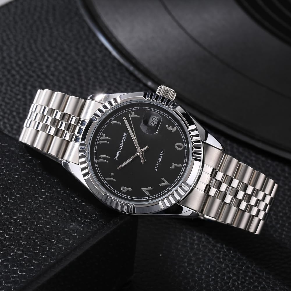 Boyarca Orologi meccanici di lusso in acciaio con numeri arabi, movimento automatico, numeri in urdu, orologio meccanico da polso da uomo da 38 mm con data impermeabile luminosa