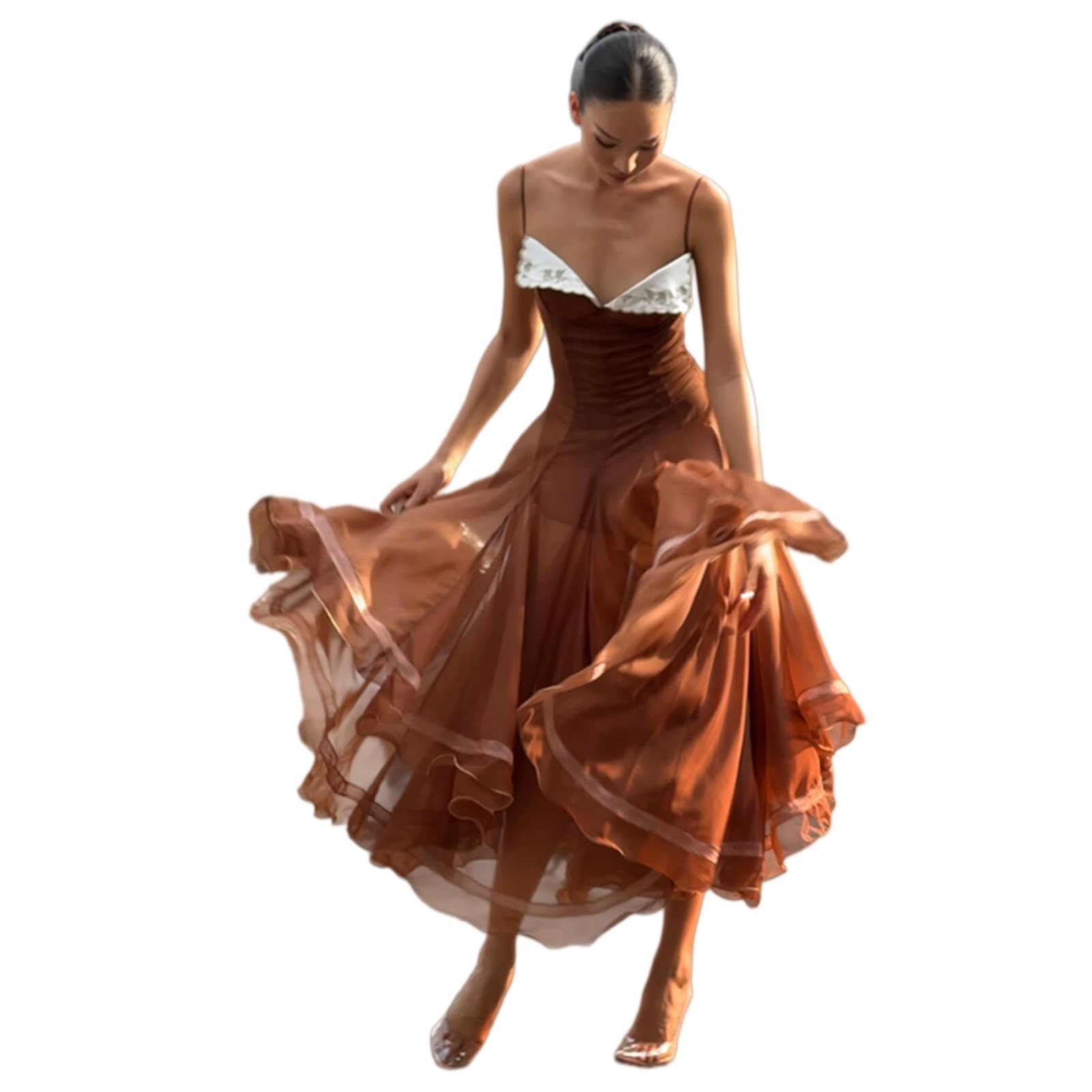 Vestito Elegante Donne Spaghetti Cinturina Pizzo Trim Chiffon Midi Abito Senza Maniche Vita Cinched Flared Estate Formale Chic-Pink-s