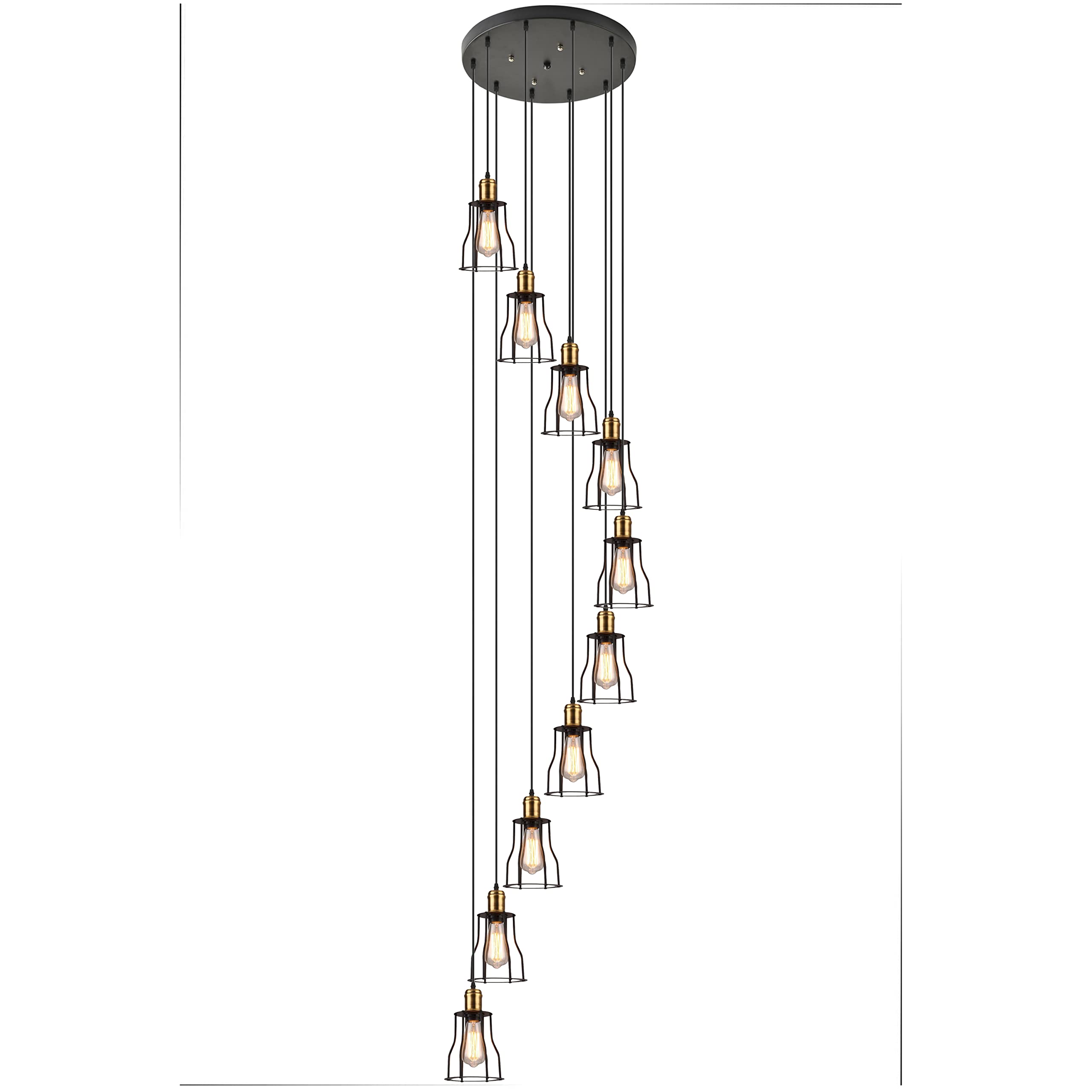 FYZDLAOR Vintage 10-Light Chandeliers High Ceiling Industrial Cage Style Pendant Lights Fixture Dome Flush Mount Hanging Long Chandelier for Foyer Entryway Stairwell Ceiling Lighting