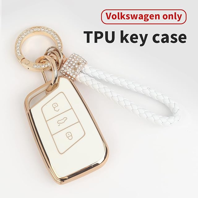 TPU Key Protection Case for Volkswagen Smart Key, Car key Cover Compatible With VM (White with Gold Rimmed)