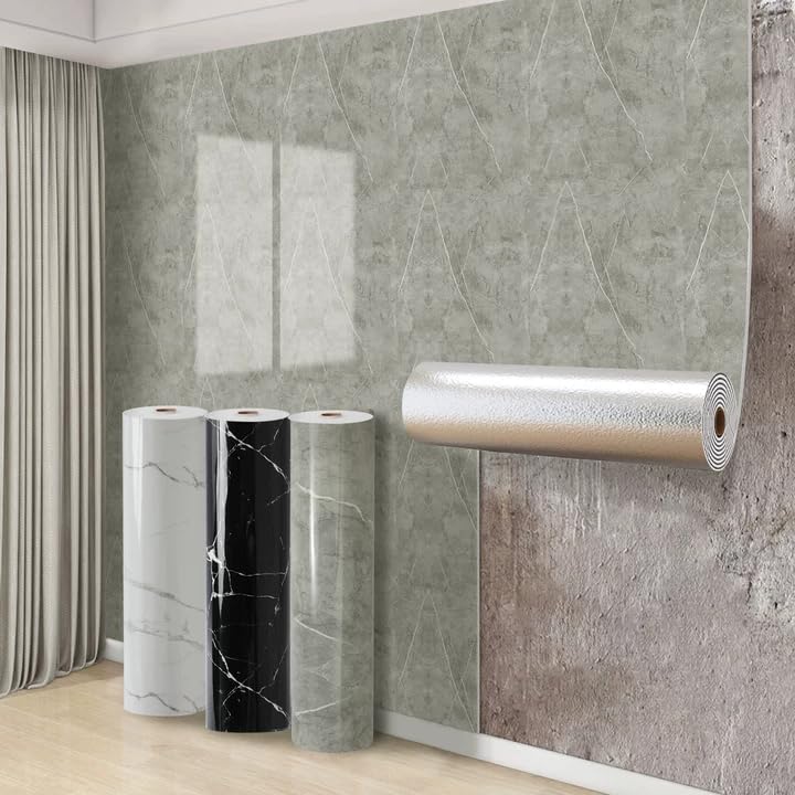 Swehooirt 3 Roll Self Adhesive Thermal Wallpaper 2.3mm Thick Grey Marble Vinyl Peel and Stick Wallpaper for Bad Cold Walls Insulating Wall Covering Roll Waterproof Damp Proof Kitchen Bathroom — image 1