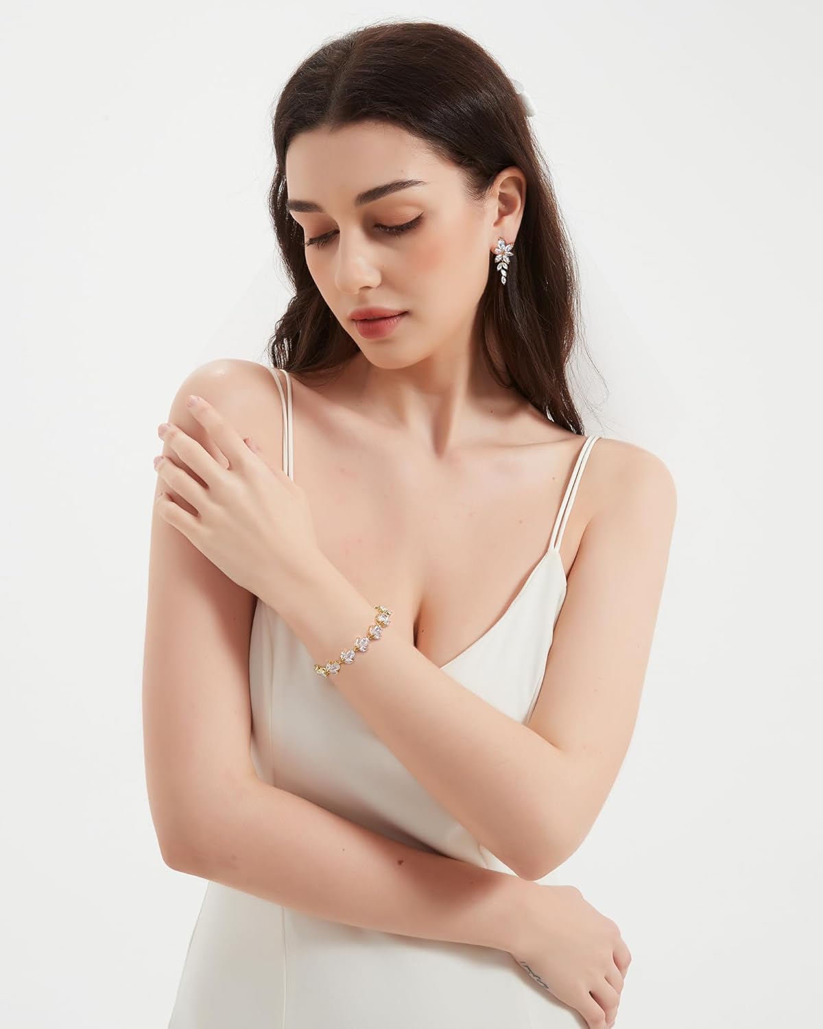 UDYLGOON Elegant Bride Bridesmaid Wedding Prom Jewelry Set, Cubic Zirconia Dangle Earrings Tennis Bracelet Set for Women - Image 2