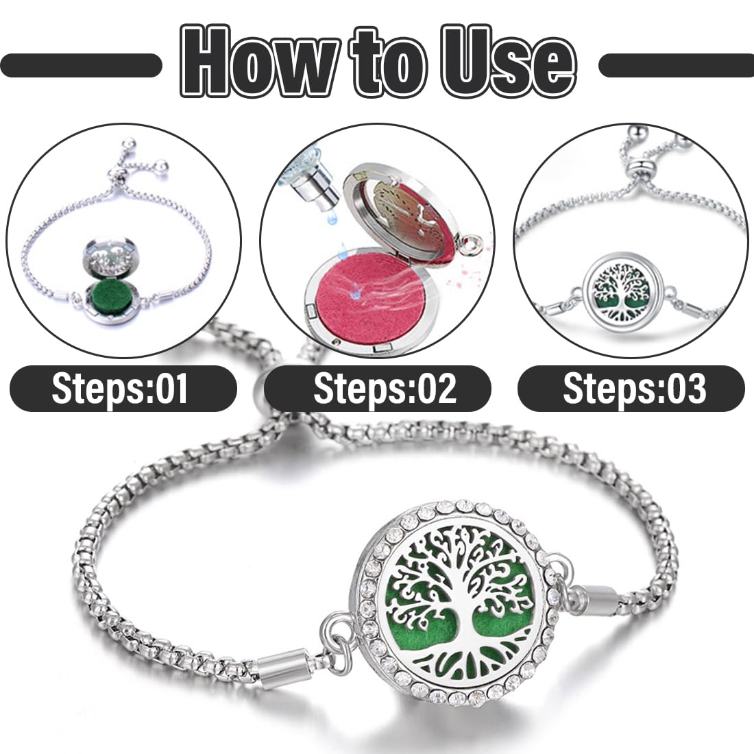 Bracciale Donna In Acciaio Inox Regolabile Con Aromaterapia, 10 Dischetti In Feltro Inclusi, Albero Della Vita, Argento