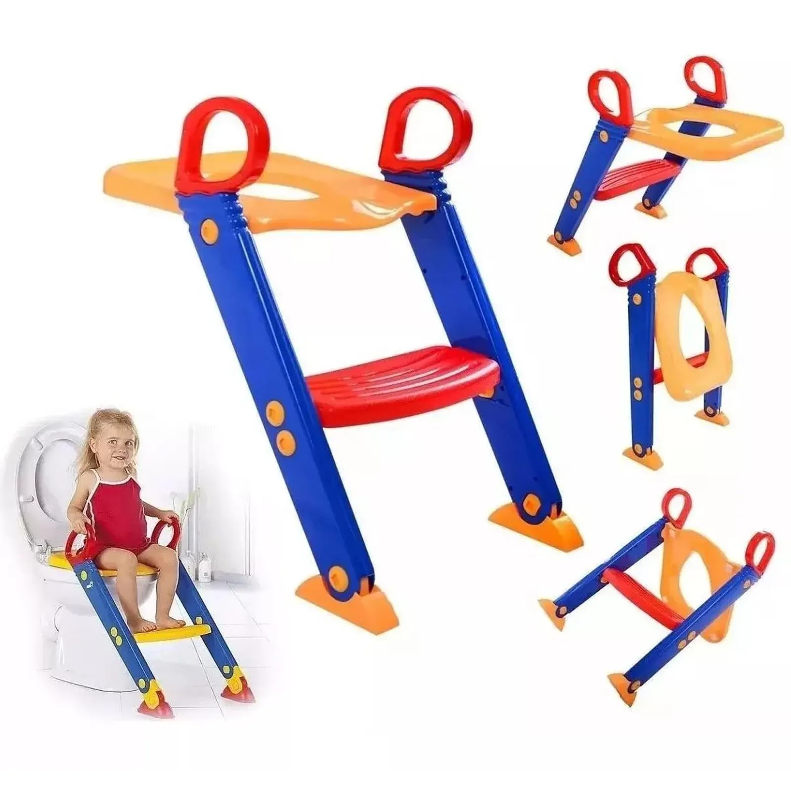 Kids Toilet Training Adjustable Potty Ladder Seat with Steps Handle and Soft Cushion Non Slip Space Efficient Toddlers Children Baby Toilet Stool Seat Foldable Easy Assembly Splash Guard Included