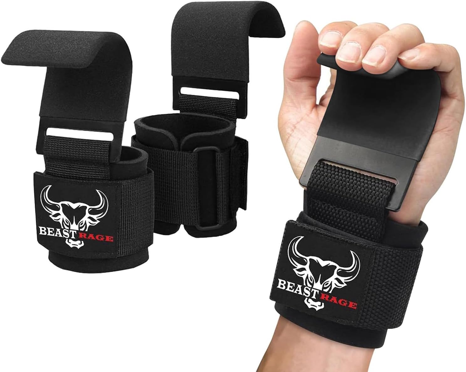 BEAST RAGE Weight Lifting Hooks Non-Slip Rubber Coated Grip Wrist Hooks Lifting Straps Wrist Support Padded Neoprene Gym Wrist Straps Powerlifting Barbell Rows Deadlifts Gym Straps