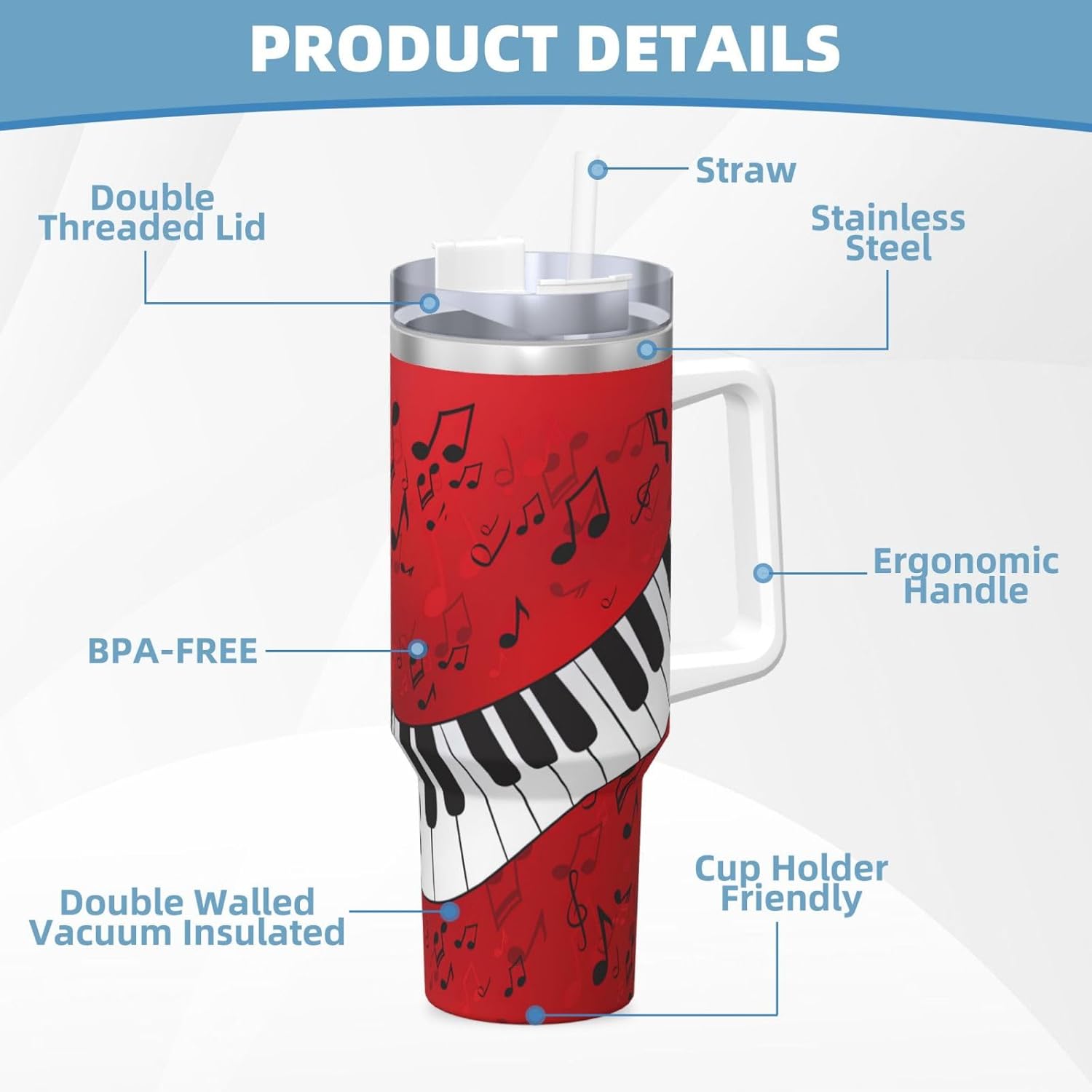 40 OZ Music Note Piano Print Ice Bully Cup with Handle Straw Lid Straw,Stainless Steel Tumbler Coffee Cup