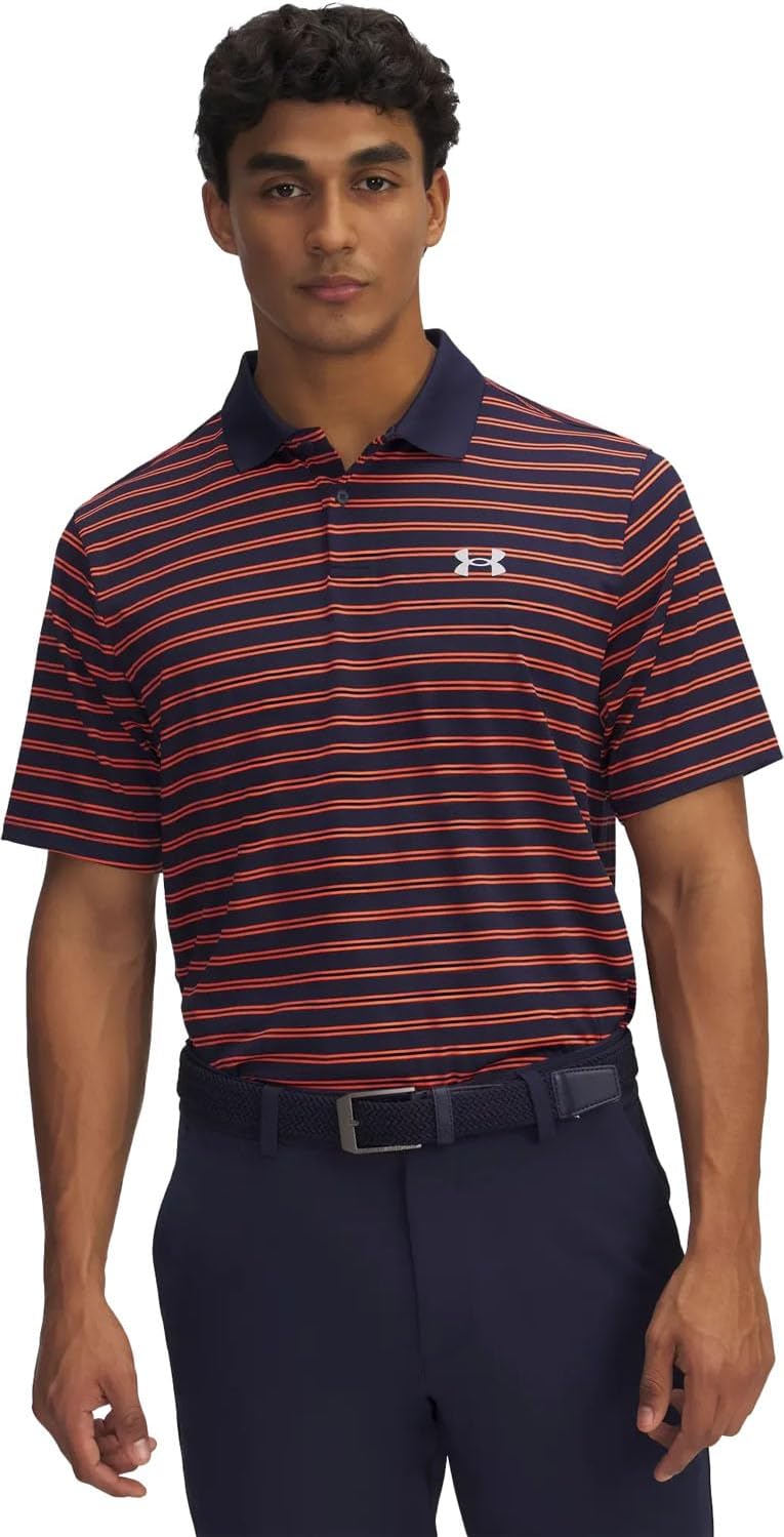 Under Armour Men's Standard Matchplay Printed Golf Polo, Midnight Navy/Fire/Halo Gray