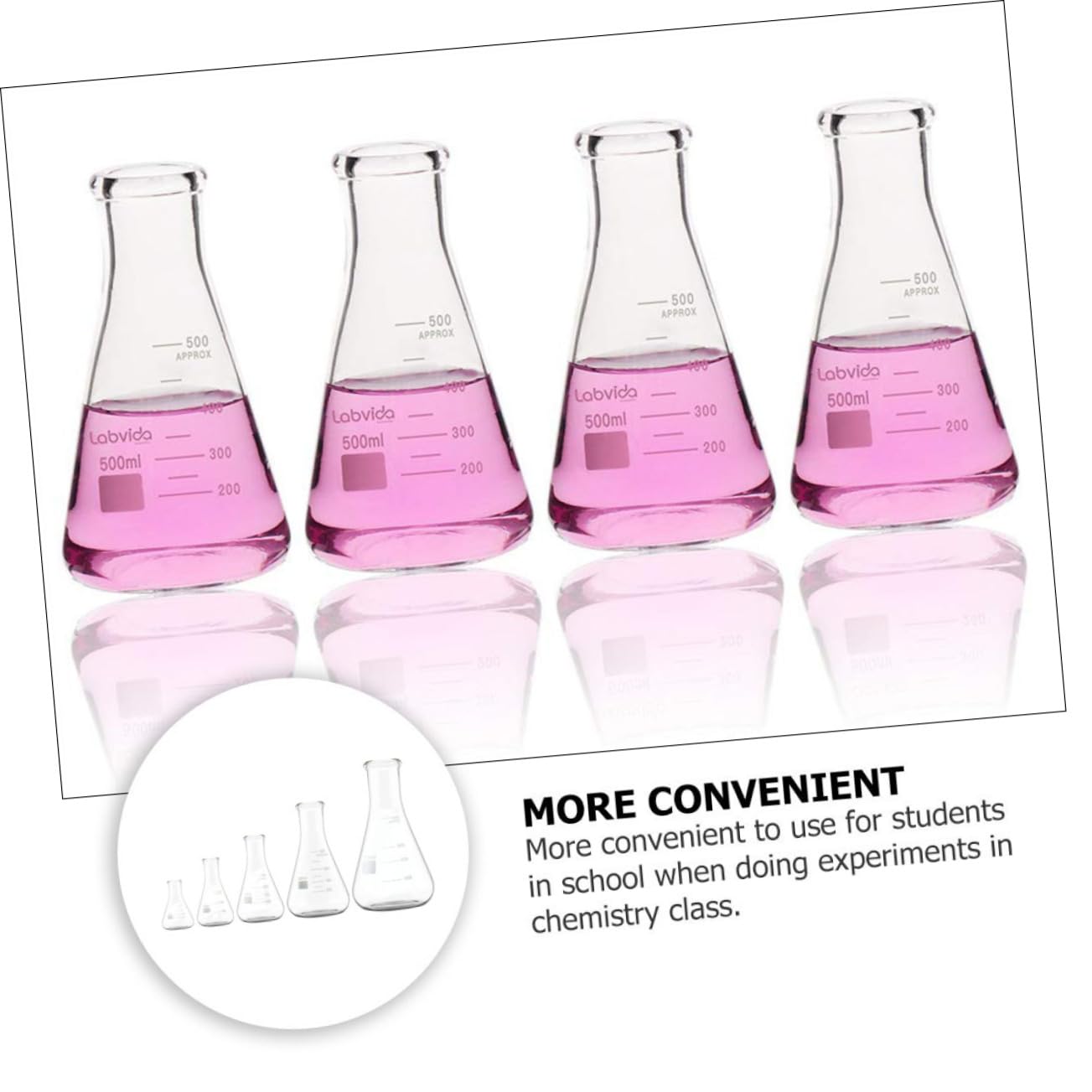 SOLUSTRE Matraz Erlenmeyer de Vidrio de Borosilicato, 5 Unidades | Cuello Ancho y Base Plana, 50ml a 1000ml, Graduaciones Estándar y Área de Marcado Amplia